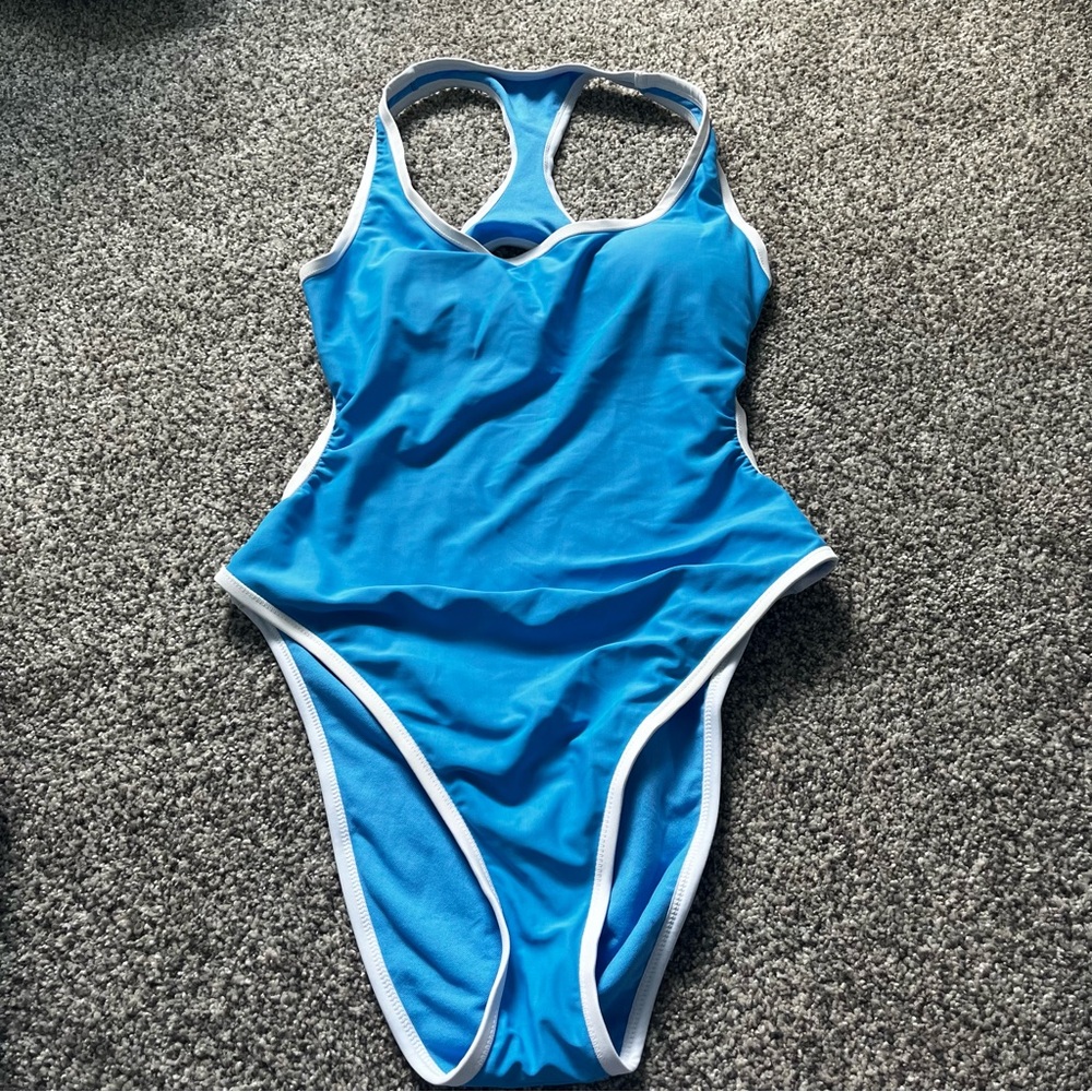Blue one piece bathing suit